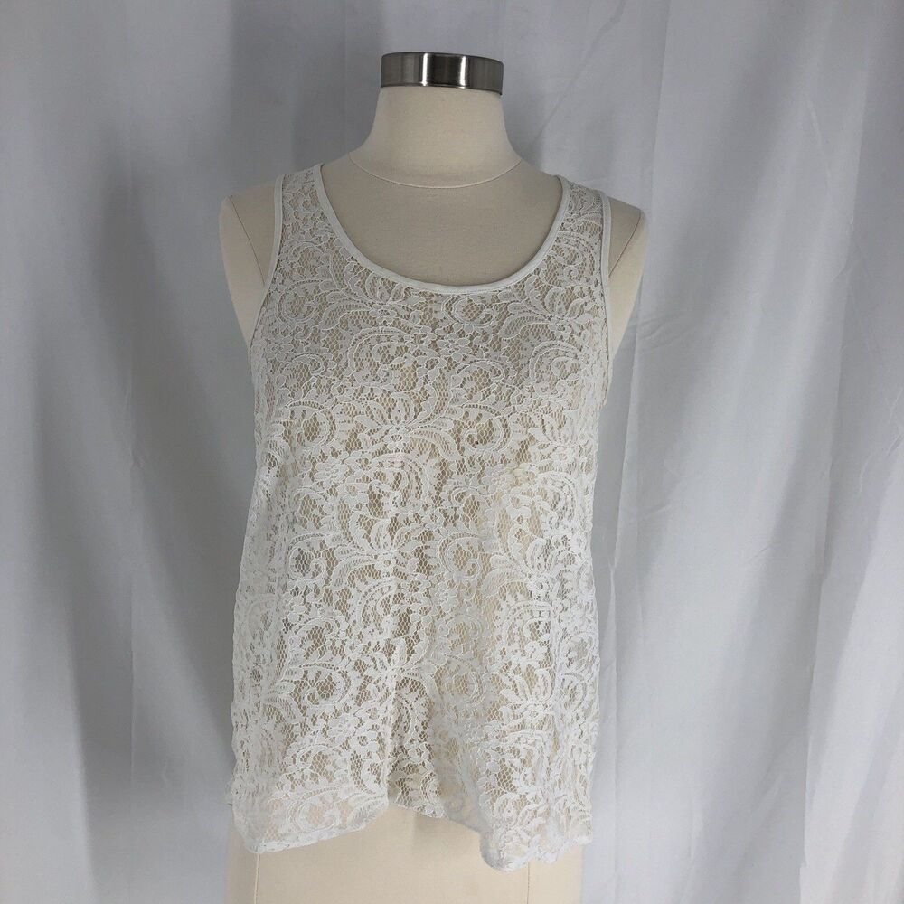Express Womens Ivory Lace Overlay Sheer Sleeveless Top Size XS Coquette Feminine